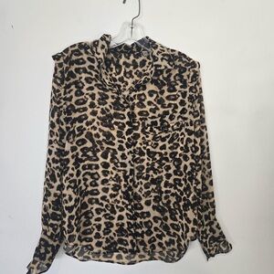 Tahari Leopard Print Sheer Blouse Button Front Animal Print Top Size M